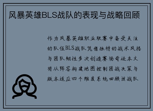 风暴英雄BLS战队的表现与战略回顾